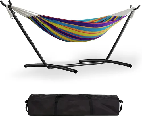Vista 9 de GarveeLife Hamaca de 57 pulgadas para 2 personas, hamaca de algodón de diseño ampliado con soporte de metal, construcción resistente, capacidad