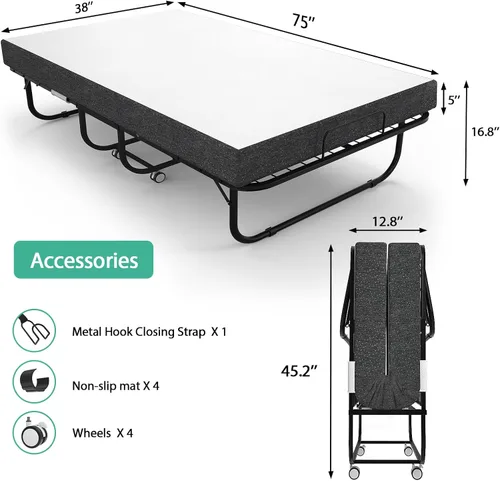 Vista 3 de Cama plegable con colchón de 75 x 38 pulgadas, cama plegable adicional con colchón de espuma viscoelástica de 5 pulgadas y marco súper resistente