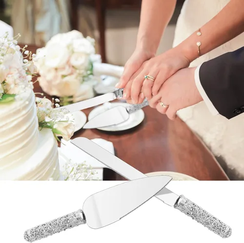 Vista 6 de Juego de cuchillo y servidor de plata para boda, juego de 2 piezas de postre con mango de metal con piedras de cristal para decoración de bodas