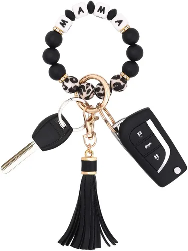 Vista 27 de BAOSIWA Pulsera de cuentas de silicona, llavero de pulsera, cadena para mujer, con borla de cuero Negro