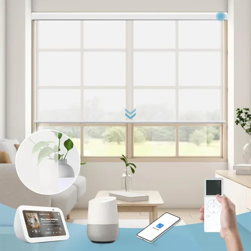 Vista 27 de Persiana enrollable inteligente 100 % opaca, pantalla motorizada compatible con Alexa Google, persiana de control de aplicación para ventana Tela