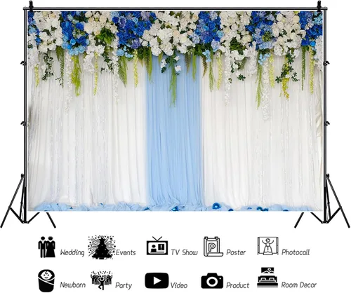 Vista 6 de Telón de fondo de poliéster de 5 x 3 pies, flores blancas y azules, decoración floral, fondo de fotografía, cortina azul y blanco, ceremonia