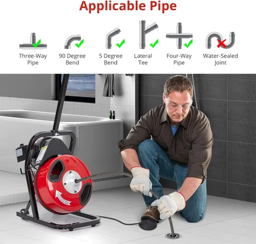 Vista 2 de Zstar Máquina limpiadora de drenaje de 50 pies x 1/2 pulgada, alimentación automática de barrena de alcantarillado con 4 cortadores e interruptor