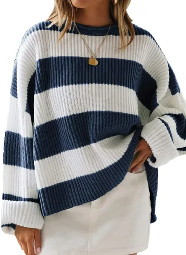 Vista 8 de ZESICA Suéter tejido sin botones de manga larga y cuello redondo, a rayas, bloques de color, cómodo, holgado, talla extragrande para mujer de 2024