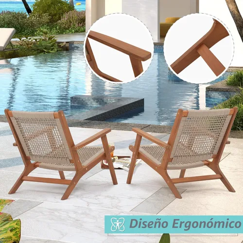 Vista 5 de Verano Garden Juego de 2 sillas de patio, sillón moderno de madera de acacia con cuerda tejida a mano para patio, sala de estar, dormitorio, balcón