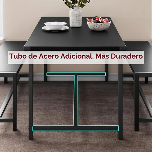 Vista 9 de Juego de mesa de comedor para 4 personas con 2 bancos, juego de mesa de cocina de 3 piezas, juego de comedor que ahorra espacio para cocina, Negro
