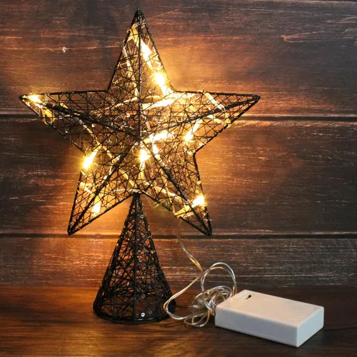 Vista 2 de CVHOMEDECO. Estrella Negra para la Copa del Árbol con Luces LED Blanco Cálido y Temporizador para Adornos de Remate de Árbol de Navidad y Decoración