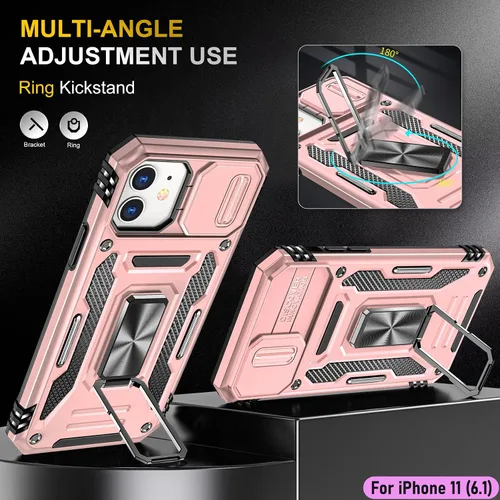 Vista 5 de Funda resistente para Apple iPhone 11, protección híbrida de goma de doble capa de grado militar con protector de cámara deslizante, soporte Oro Rosa