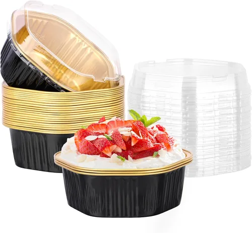 Vista 17 de Beasea Tazas desechables para hornear con tapas, juego de 50 unidades, 13.5 oz 400 ml, ramekins de aluminio con tapa de papel de aluminio, moldes