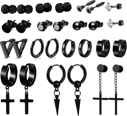 Vista 12 de OIDEA 12/14/15/18 pares de aretes para hombre: aretes de acero inoxidable para hombre, juego de aretes de aro colgantes con cruz, regalo de joyería