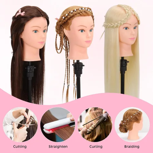 Vista 5 de Cabeza de maniquí con cabello humano para cosmetología - Cabeza de muñeca con 80% cabello humano para práctica de peinado, cabeza de práctica