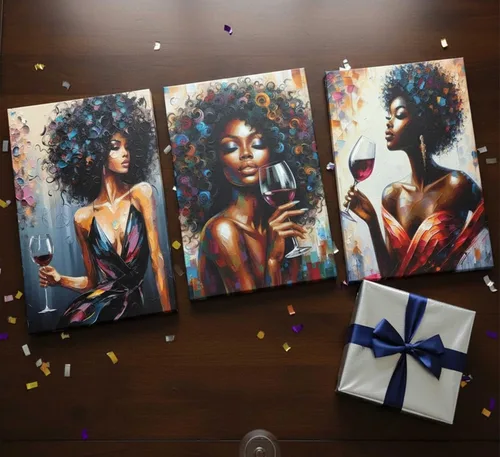 Vista 8 de 3 piezas de arte de pared en lienzo de mujeres afroamericanas, coloridas grafitis, chica afro con vino, pintura moderna, abstracta, estética