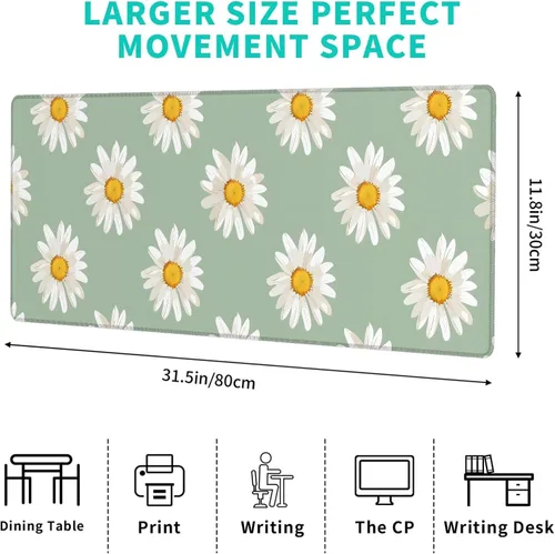 Vista 2 de Alfombrilla de mouse para juegos de margaritas, alfombrilla de escritorio de goma antideslizante de 12 x 31.5 pulgadas con encantador diseño floral
