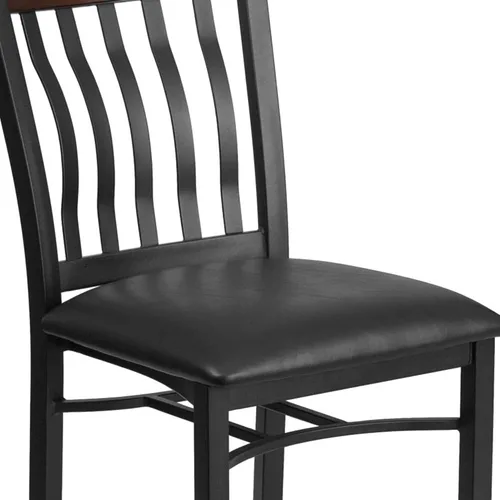 Vista 7 de Flash Furniture Eclipse Series Silla de restaurante con respaldo vertical de metal negro y madera de nogal con asiento de vinilo negro