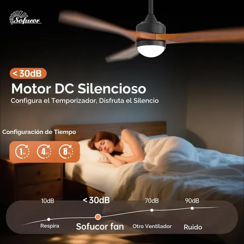 Vista 4 de Sofucor Ventilador de techo de madera maciza de 52 pulgadas, ventilador de techo de montaje empotrado y varilla descendente con luces y control