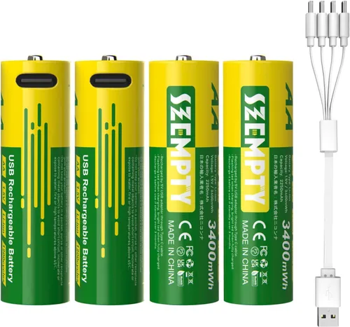 Vista 9 de Paquete combinado de baterías recargables AA y AAA, 1.5 V USB-C de litio doble A 3400 mWh y triple A de 900 mWh con cable 4 en 1 de carga rápida
