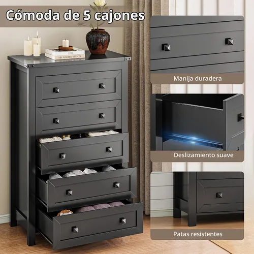 Vista 5 de Xixini - Cómoda para dormitorio con 5 cajones, cómoda alta de madera, organizador moderno de ropa estilo granja, gabinete de almacenamiento con asas