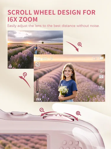 Vista 6 de Cámara digital True 64MP 4K - Zoom 16X de enfoque automático, con modo belleza y macro, tarjeta TF de 32GB, cámaras de videoblogs compactas y Rosa