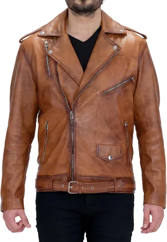Vista 2 de Hide Fusion Chaqueta de cuero de oveja genuina retro para hombre, color marrón envejecido, estilo café, racer, carreras, velocidad
