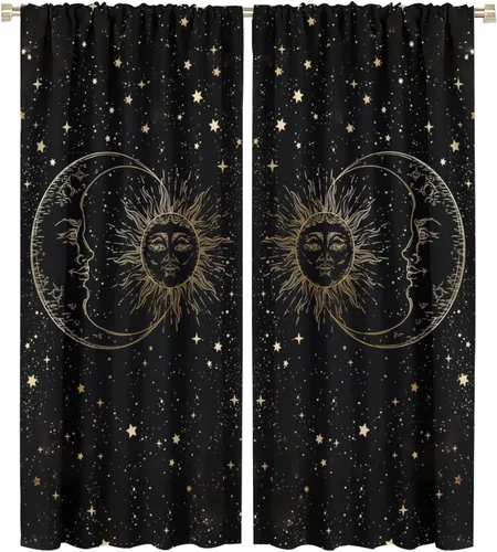 Vista 20 de Cortinas opacas con diseño de sol y luna, cuerpos celestes bohemios, con diseño de sol, luna y estrellas, para sala de estar, dormitorio, 42 x 45