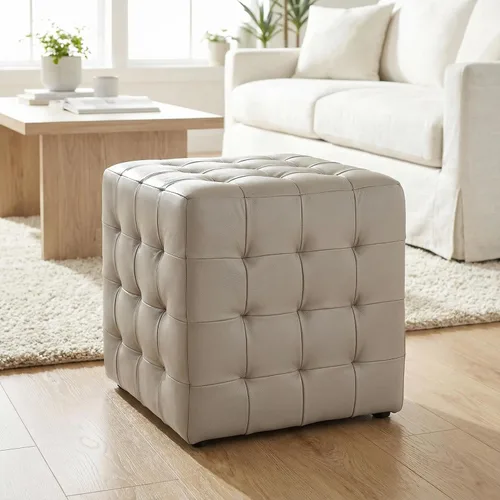 Vista 7 de Cortesi Home Charli - Otomana de cubo copetudo en 100% piel auténtica, gris claro