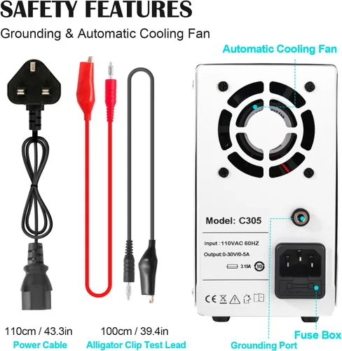 Vista 4 de FEITA Fuente de alimentación de CC variable, 30 V 5 A, fuentes de alimentación de laboratorio de banco de alta precisión ajustable con pantalla LED
