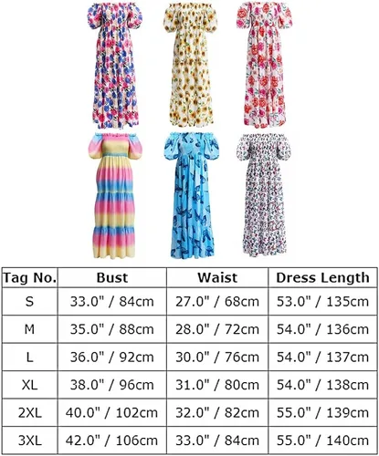Vista 7 de Vestido largo floral con hombros descubiertos para mujer, estilo bohemio, manga corta, fruncido, fruncido, de verano, casual, para fiesta