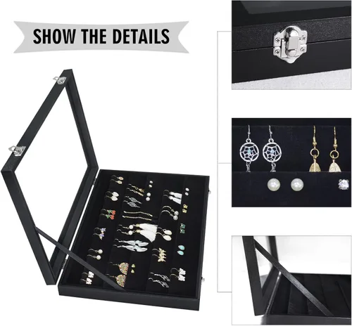 Vista 4 de Bandeja organizadora de aretes, de terciopelo, caja de almacenamiento premium de 110 ranuras, 55 pares de organizador de exhibición de aretes
