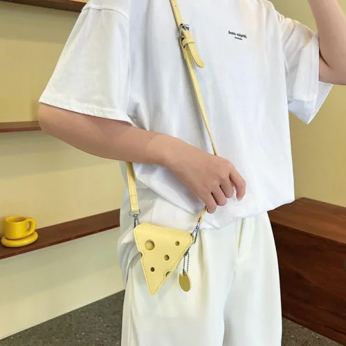 Vista 5 de Bolsas creativas con forma de queso, lindo triángulo con forma de queso, lápiz labial, bolso de hombro, bolso de PU, bolso pequeño para mujer