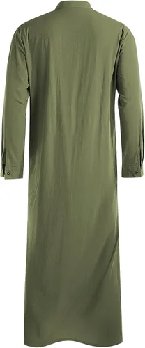Vista 3 de Jacansi Túnica larga con botones musulmanes para hombre, de gran tamaño y extra larga, estilo árabe con bolsillos Verde militar