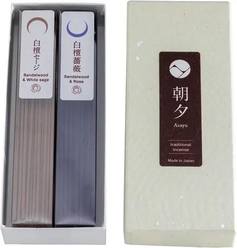 Vista 8 de Asayu Japan Varillas de incienso tradicionales, juego de purificación (sándalo y salvia blanca + sándalo y rosa), 1.41 oz (cada aroma 0.71 oz)