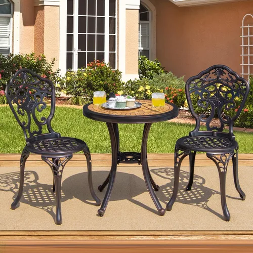 Vista 2 de Tangkula Juego de 3 piezas de patio bistró, juego de mesa y sillas de aluminio fundido para exteriores, mesa redonda de bistró y sillas para porche