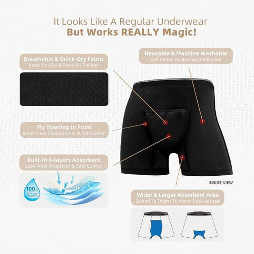 Vista 14 de Ropa interior lavable para incontinencia para hombre, calzoncillos bóxer de algodón, 3.4 fl oz de absorción, ropa interior a prueba de fugas