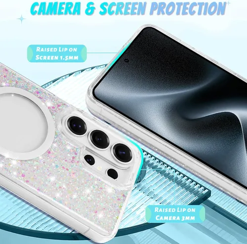 Vista 713 de Bonoma - Funda compatible con Samsung Galaxy S21 Plus, diseño de corazón con purpurina, color rosa Support for MagSafe, Plating Magnetic Case TPU
