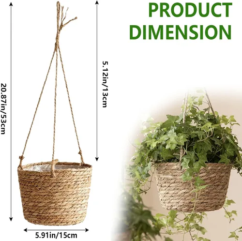 Vista 2 de Maceta colgante de yute tejido de calibre pequeño de 8 pulgadas, cesta para plantas de pastos marinos, soporte decorativo para plantas, ideal