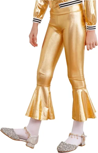 Vista 5 de JEATHA Pantalones acampanados metálicos brillantes para niñas y niñas, pantalones de baile de discoteca con parte inferior de campana, pantalones
