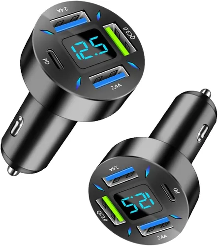 Vista 9 de Cargador de coche USB rápido de 66 W con voltímetro pantalla de luz LED, adaptador de cargador de coche compatible con iPhone