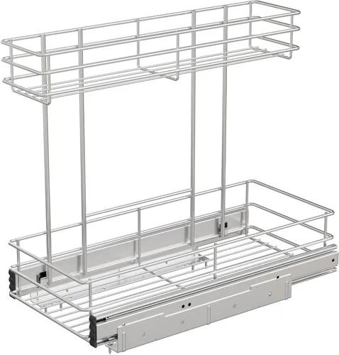 Vista 7 de Organizador de gabinete extraíble de 2 niveles para debajo del fregadero, cesta de estante de alambre deslizante para gabinetes de base de cocina, 9