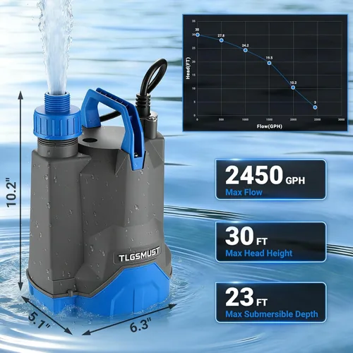 Vista 2 de Bomba de agua sumergible, 1/3 HP 2450GPH Bomba de agua termoplástica eléctrica portátil de transferencia para piscina, sótano, inundación, jardín
