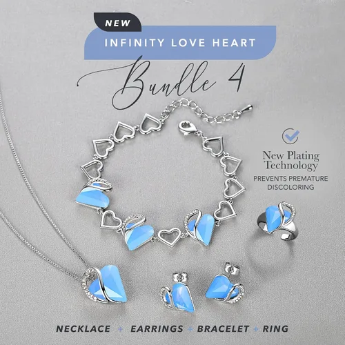 Vista 2 de Leafael Infinity Love - Juego de joyas de corazón Collar con colgante, pulsera de eslabones y anillo ajustable de corazón de cristal con ópalo azul