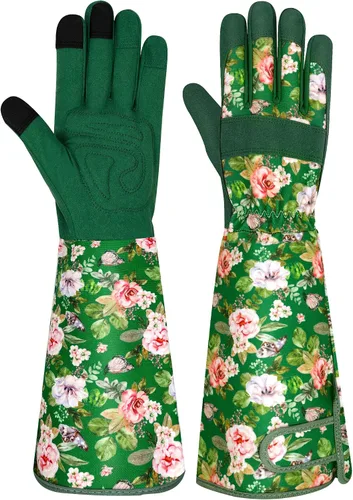 Vista 10 de Guantes largos de jardinería para mujer, guantes de cuero a prueba de espinas, guantes de trabajo transpirables para mujeres, patio, exteriores