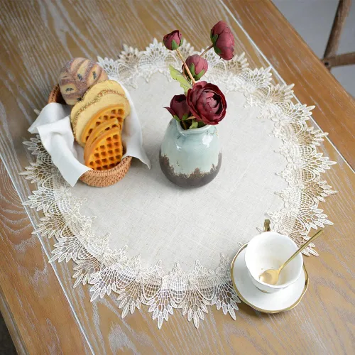 Vista 8 de ARTABLE Tapete de Mesa Redondo de Encaje Gris de Lino, Camino de Mesa, Mantel Individual Pequeño para Mesa de Café, Estilo Rústico de Granja