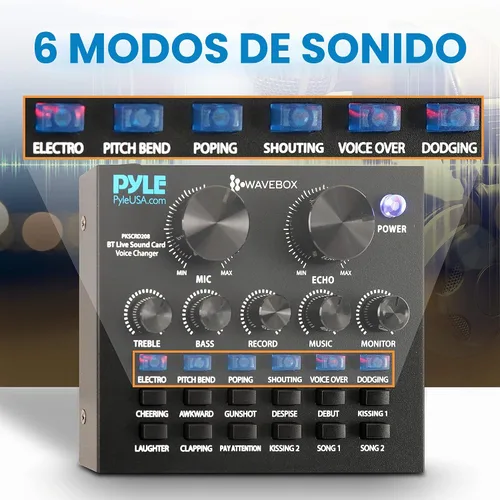 Vista 3 de Pyle Mini mezclador de podcast de audio Bluetooth - Transmisión en vivo para computadora de PC, iPhone, cambiador de voz, tarjeta de sonido V8