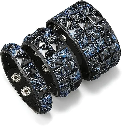 Vista 4 de Juego de 3 pulseras de cuero con remache cuadrado azul oscuro, estilo punk, unisex