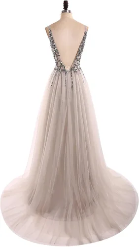 Vista 4 de Vestidos largos de noche cuello en V escotado con lentejuelas cuentas tul y encaje abertura alta en la pierna ideales para baile de graduación bodas
