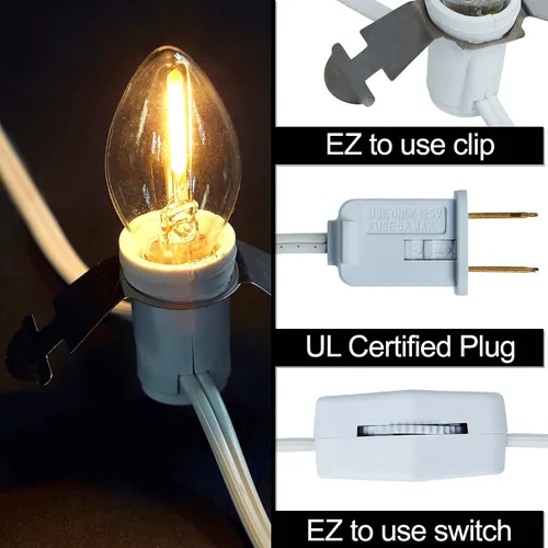 Vista 2 de Cable de accesorio LED con cadena de una sola bombilla, cable de 6 pies con una (1) bombilla LED de candelabro C7/E12 y clip, pueblo de Navidad