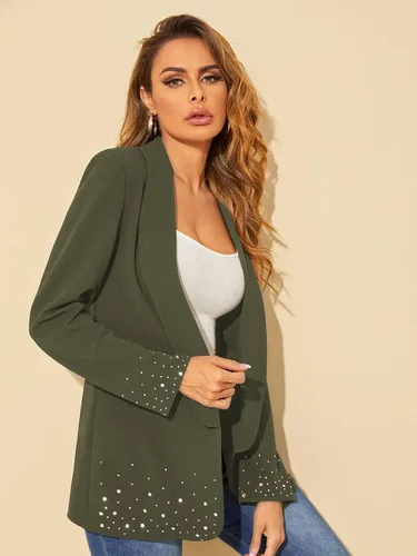 Vista 4 de WDIRARA Elegante chaqueta de manga larga para mujer con parte delantera abierta con diamantes de imitación