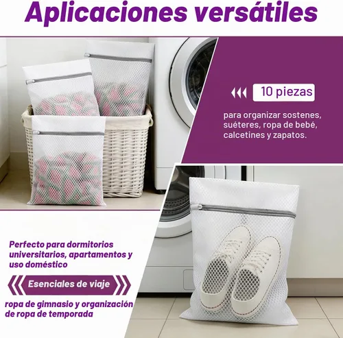 Vista 2 de 10 bolsas de lavandería de malla para lavado, bolsas de lavandería duraderas de doble capa de malla de panal para ropa delicada, 12 x 16 pulgadas
