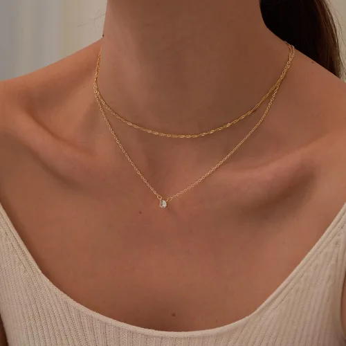 Vista 5 de Juego de collar de oro en capas para mujer, collar de espiga para mujer, delicado collar de cadena de serpiente plana en capas, gargantilla de oro