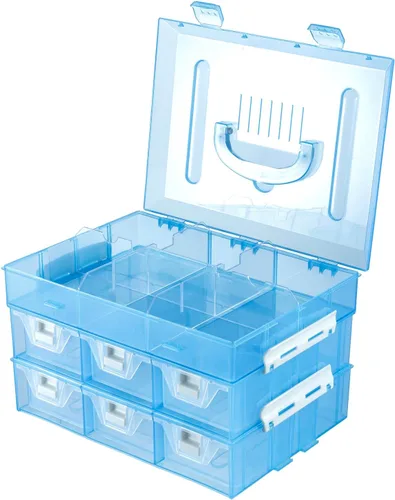 Vista 6 de MyGift Estuche organizador transparente de 11 pulgadas para suministros de costura para manualidades y artes con detalles blancos, 24 compartimentos